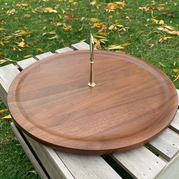 Mid Century Walnut Round Wood Tray - Picture 3 of 7
